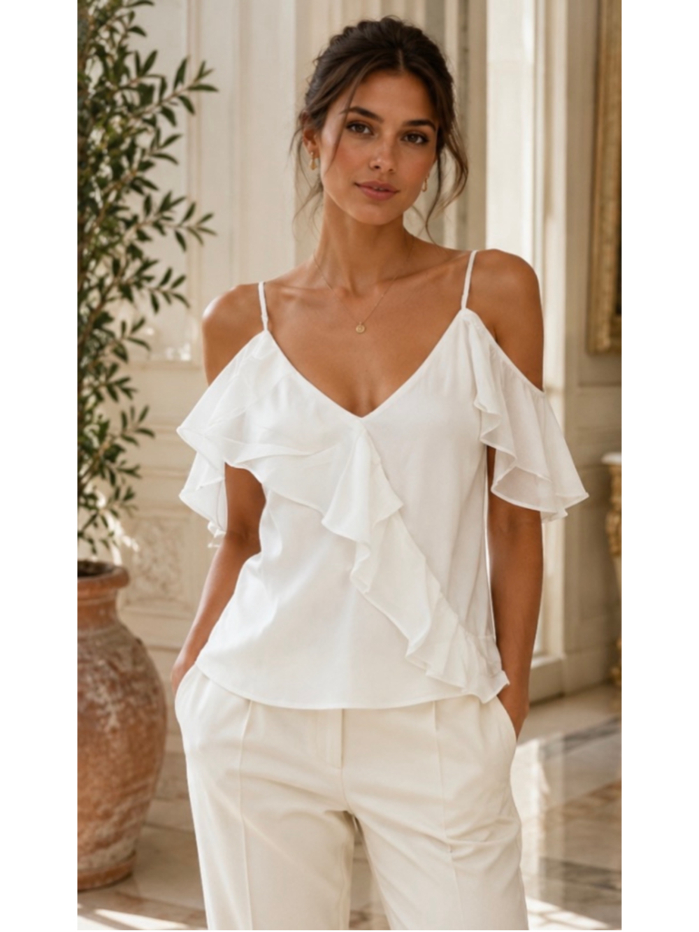 Gold Hawk 100% Silk Cream Ruffle Cold Shoulder Tank Size L Luxury Boho